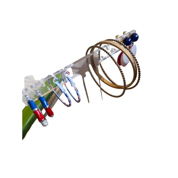 Vintage Red White Blue Enamel Hoops Pierced Earrings Patriotic Summer Democracy - Picture 5 of 11